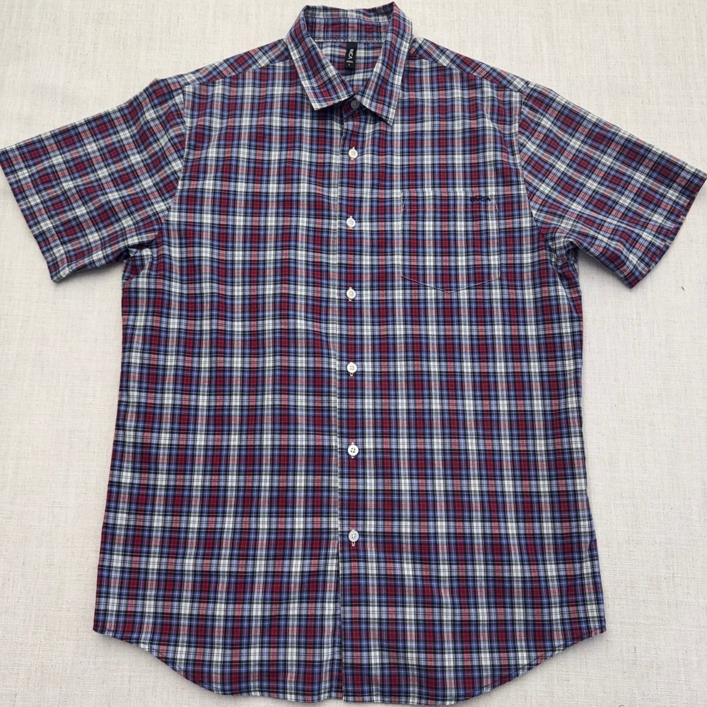 RVCA Mens Short Sleeve Plaid Button Up Shirt Red White Blue Large L
